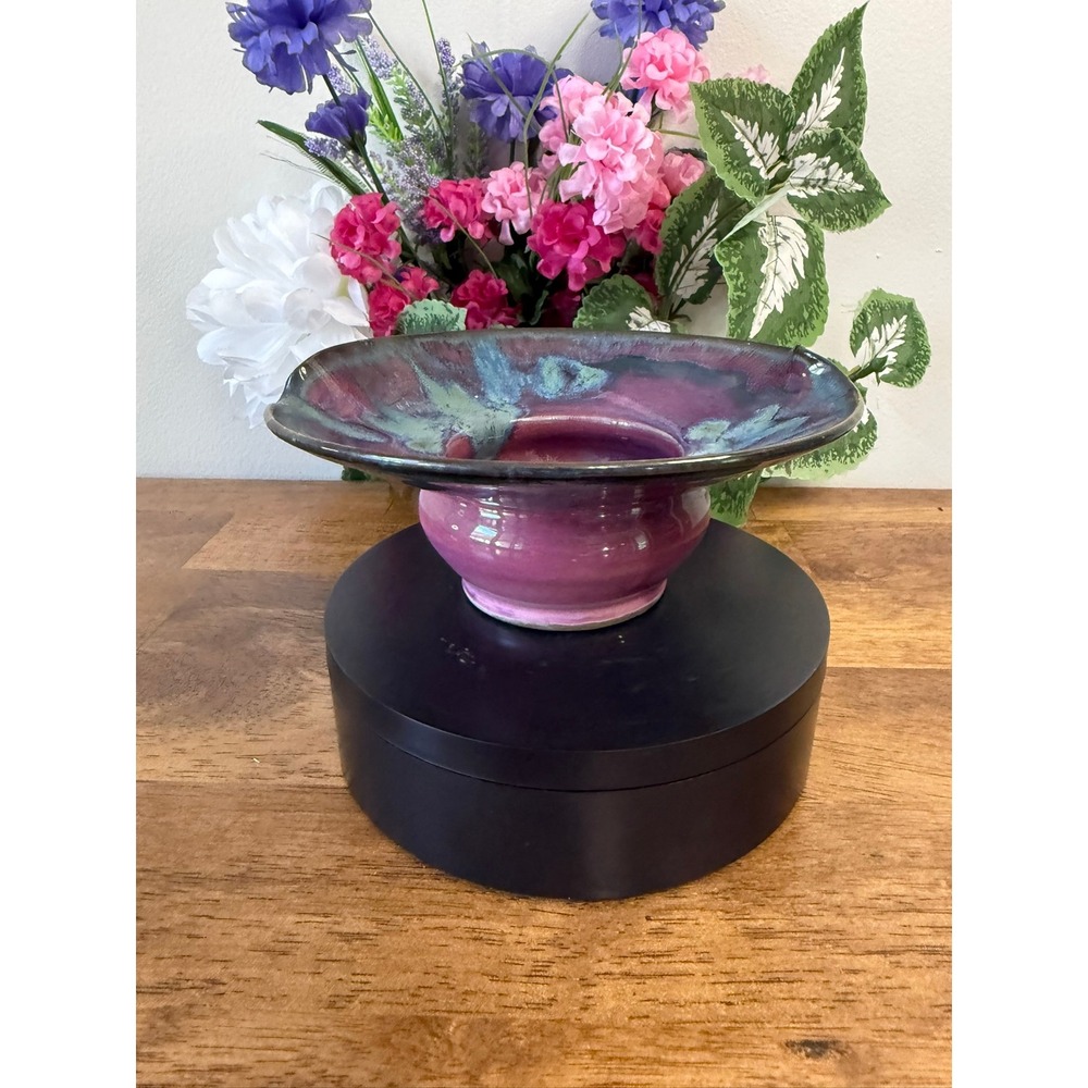 Studio Art Pottery Ikebana Flower Frog Bowl – Purple Blue Drip Glaze Signed JB - Picture 7 of 7